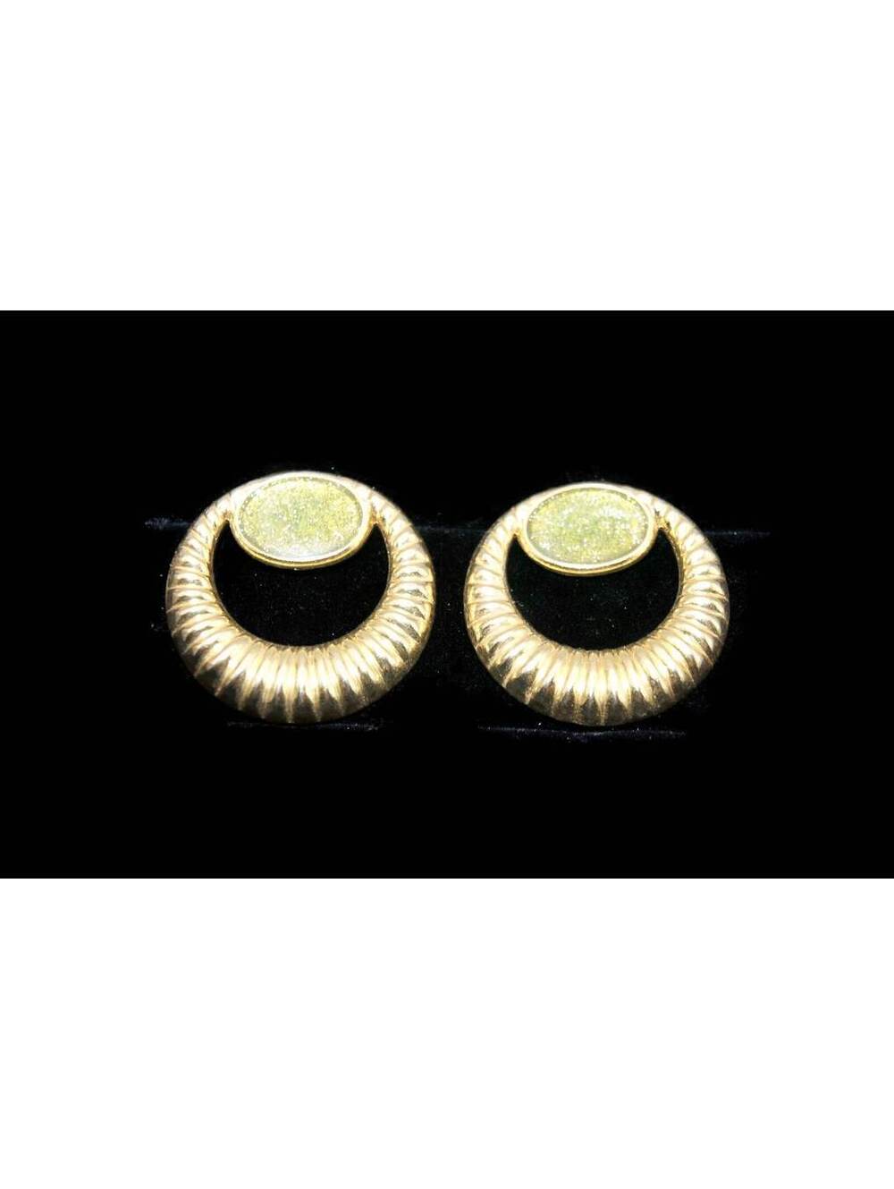 Vintage Gold Tone and Glittery Green Enamel Round Stud Earrings with Post Backs.